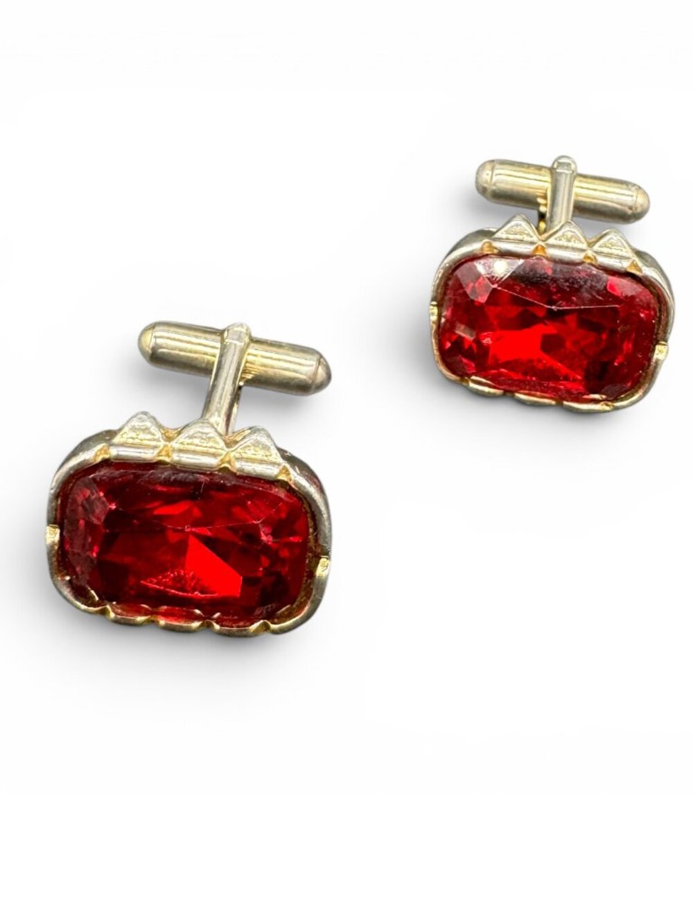Vintage Cuff Links Gold Tone and Rectangular Red Stone